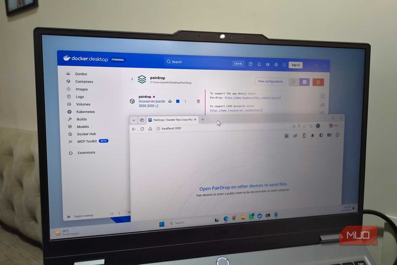 Laptop showing PairDrop and Docker windows