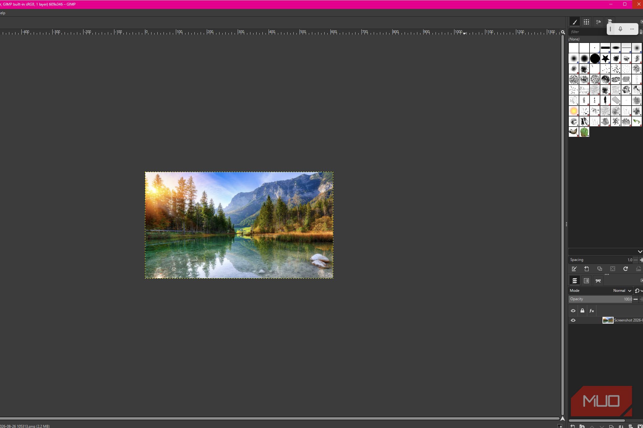 GIMP showing a lake photo with a single original layer visible in the Layers panel