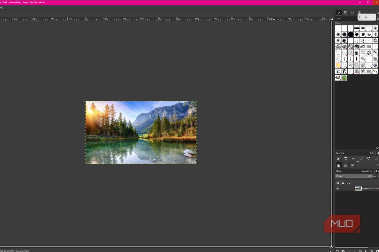 GIMP showing a lake photo with a single original layer visible in the Layers panel