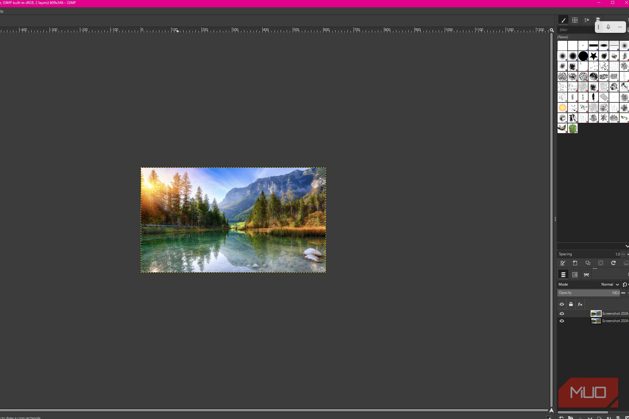 GIMP showing the lake photo after duplicating the original layer, with both layers visible in the Layers panel