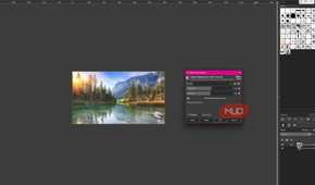 GIMP showing brightness-Contrast adjustments applied to the duplicate lake photo layer while the original remains underneath