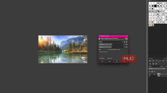 GIMP showing brightness-Contrast adjustments applied to the duplicate lake photo layer while the original remains underneath