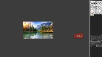 GIMP showing the edited duplicate layer hidden, showing the untouched original lake picture underneath