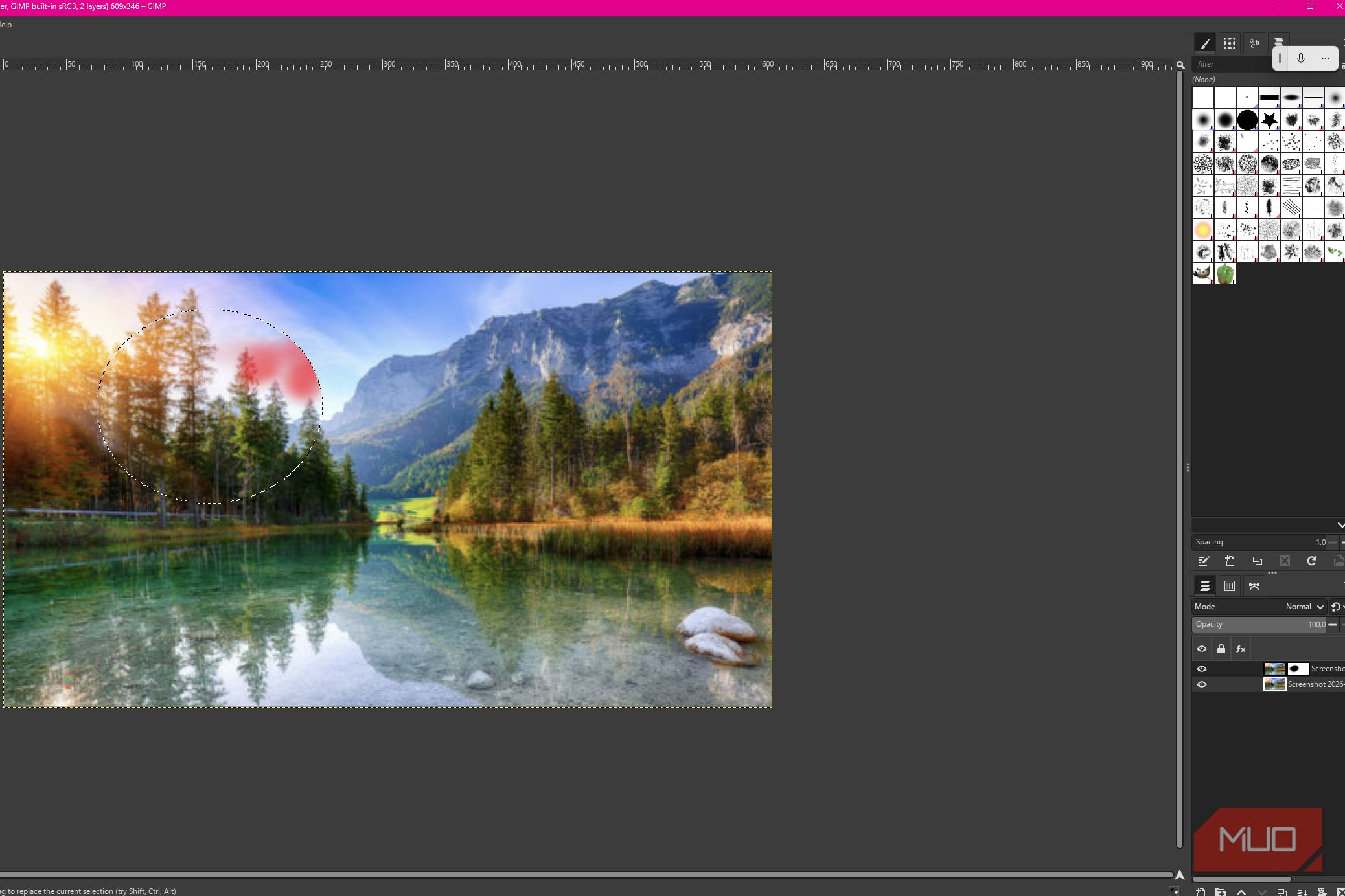 GIMP showing a layer mask being edited on the duplicate lake photo layer to hide only part of the edit