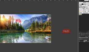 GIMP showing a layer mask being edited on the duplicate lake photo layer to hide only part of the edit