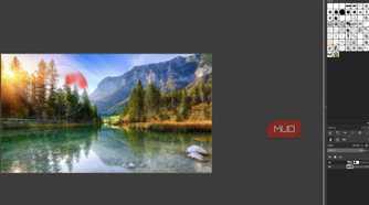 GIMP showing a layer mask being edited on the duplicate lake photo layer to hide only part of the edit