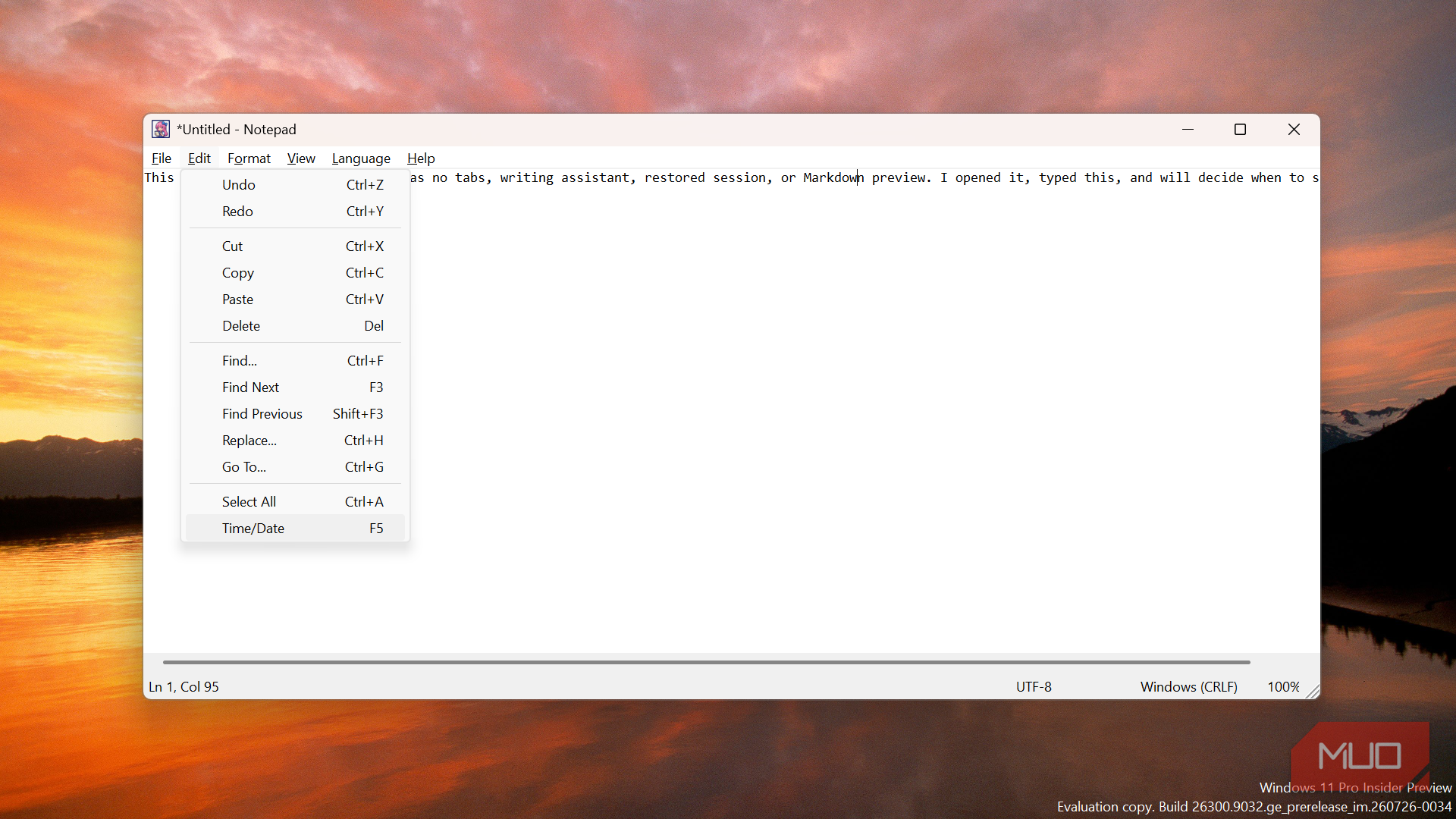 Legacy Notepad application with edit menu open