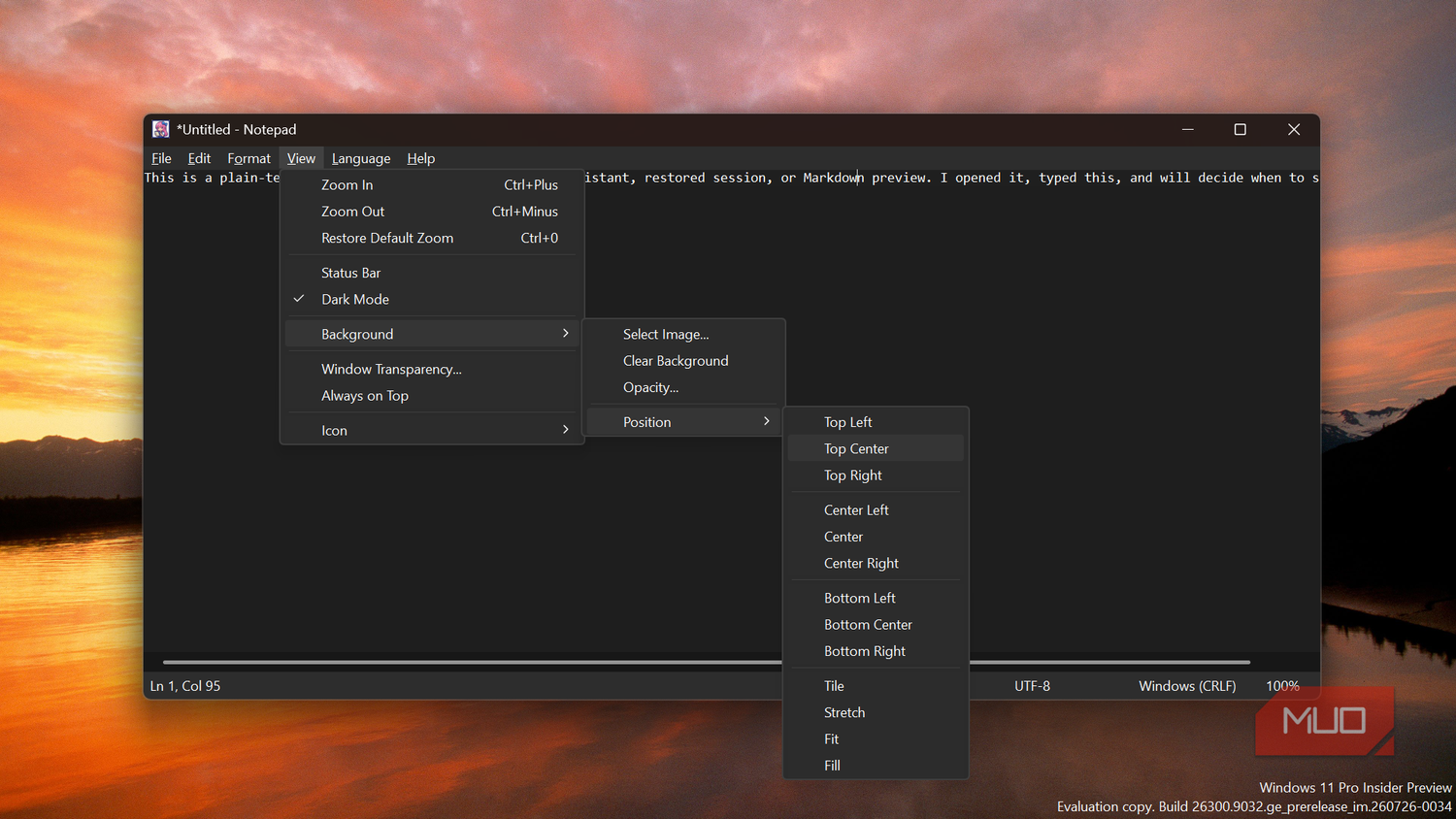 Legacy Notepad application with open view menu