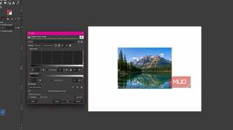 GIMP showing the levels dialog open with the mountain lake photo and the default input level settings