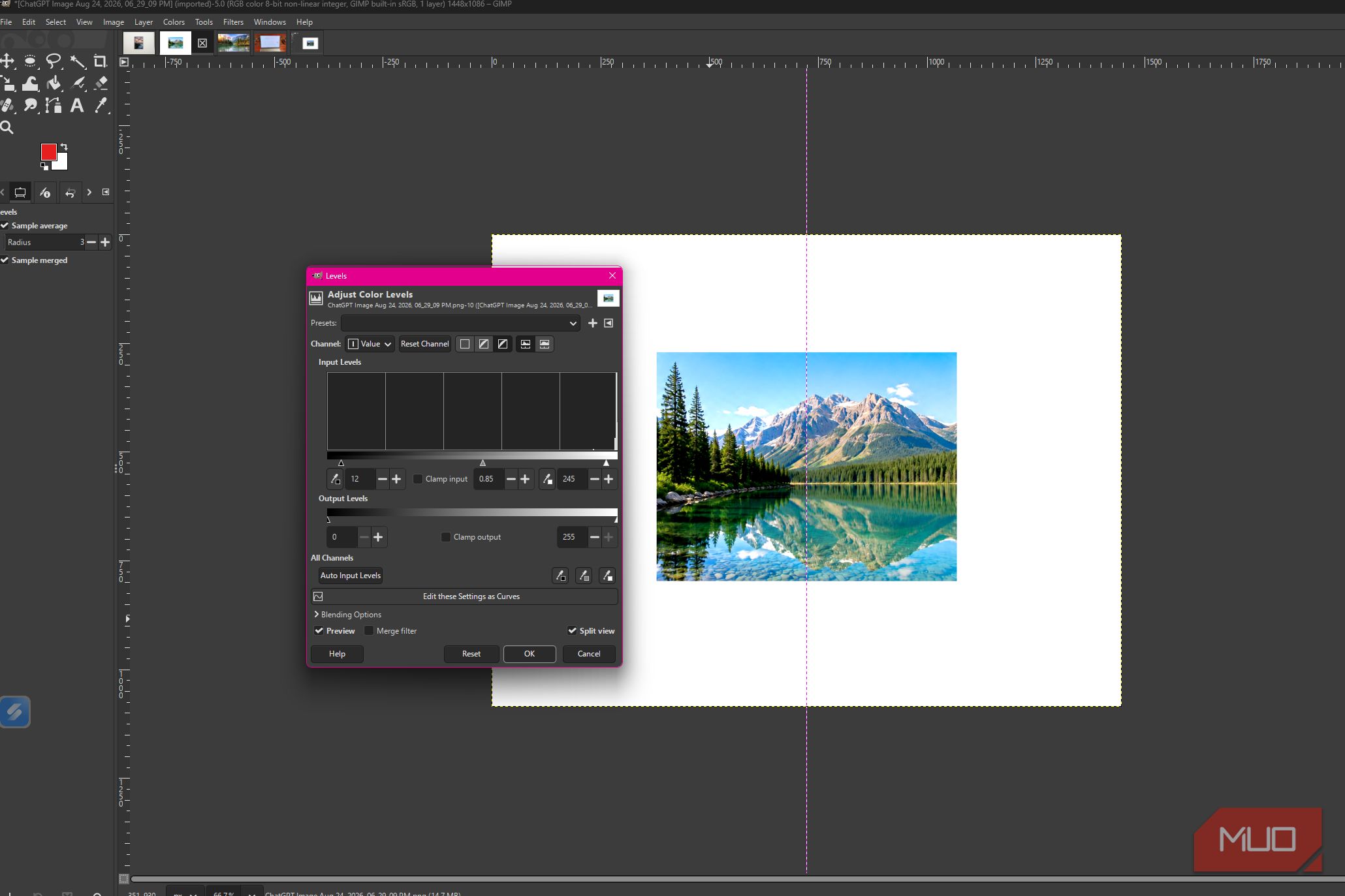 GIMP showing Splt view in the Levels dialog to compre the original and adjusted mountain lake photo side by side