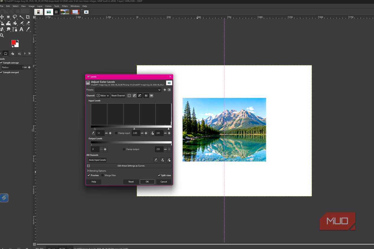 GIMP showing Splt view in the Levels dialog to compre the original and adjusted mountain lake photo side by side