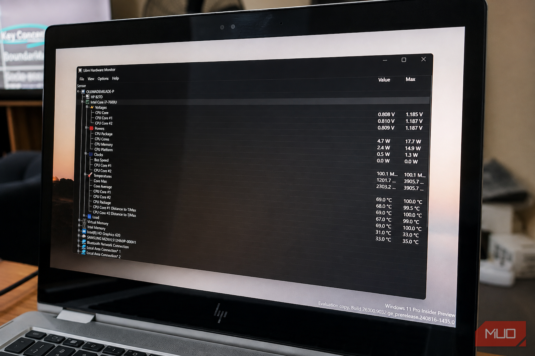 Libre hardware monitor app on laptop screen