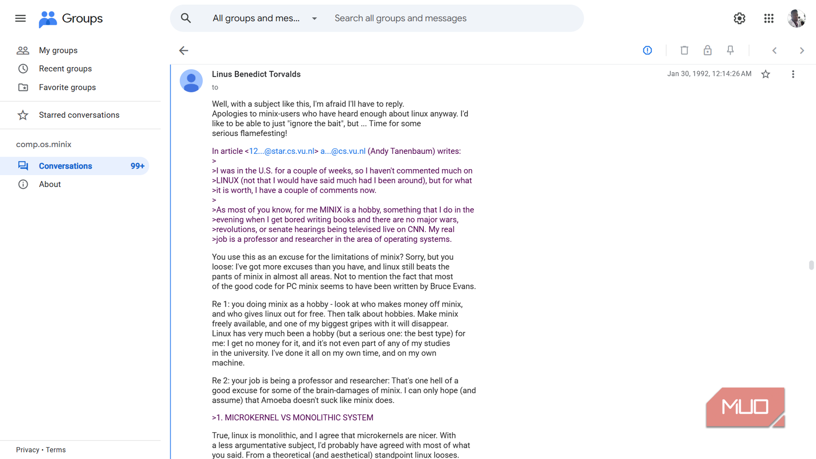 Linus Torvalds email message in Google Groups