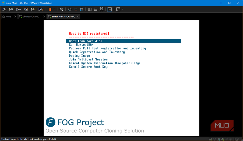 Linux Mint recovery client iPXE boot menu from Fogserver