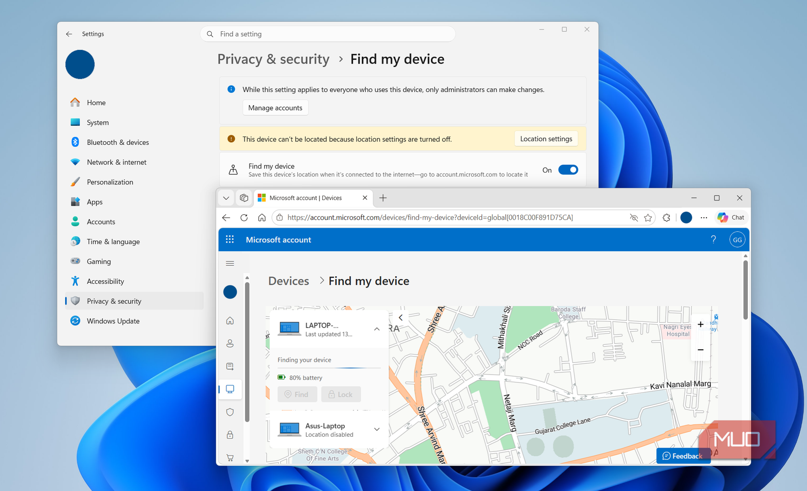 Location settings and Microsoft website on desktop
