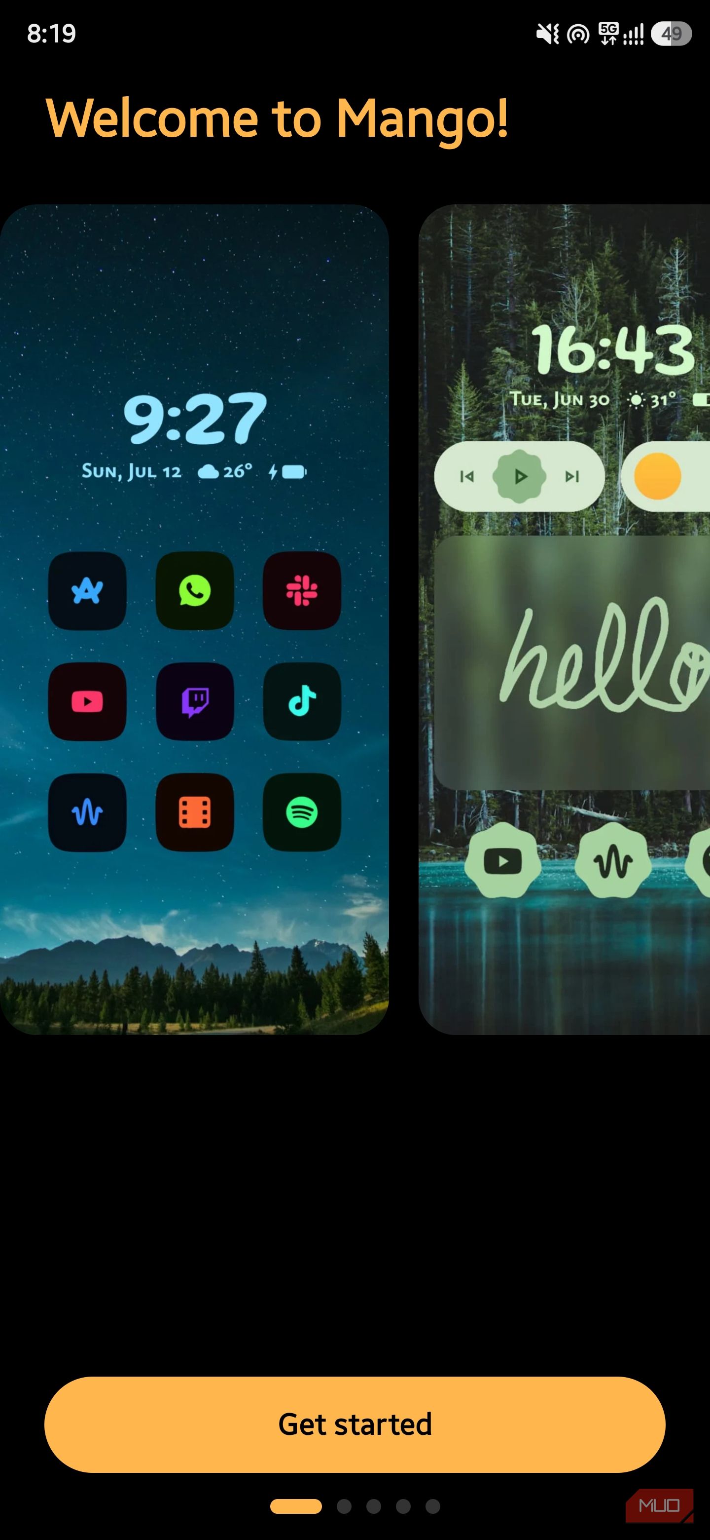 Welcome to Mango setup screen with preview screenshots and Get Started button