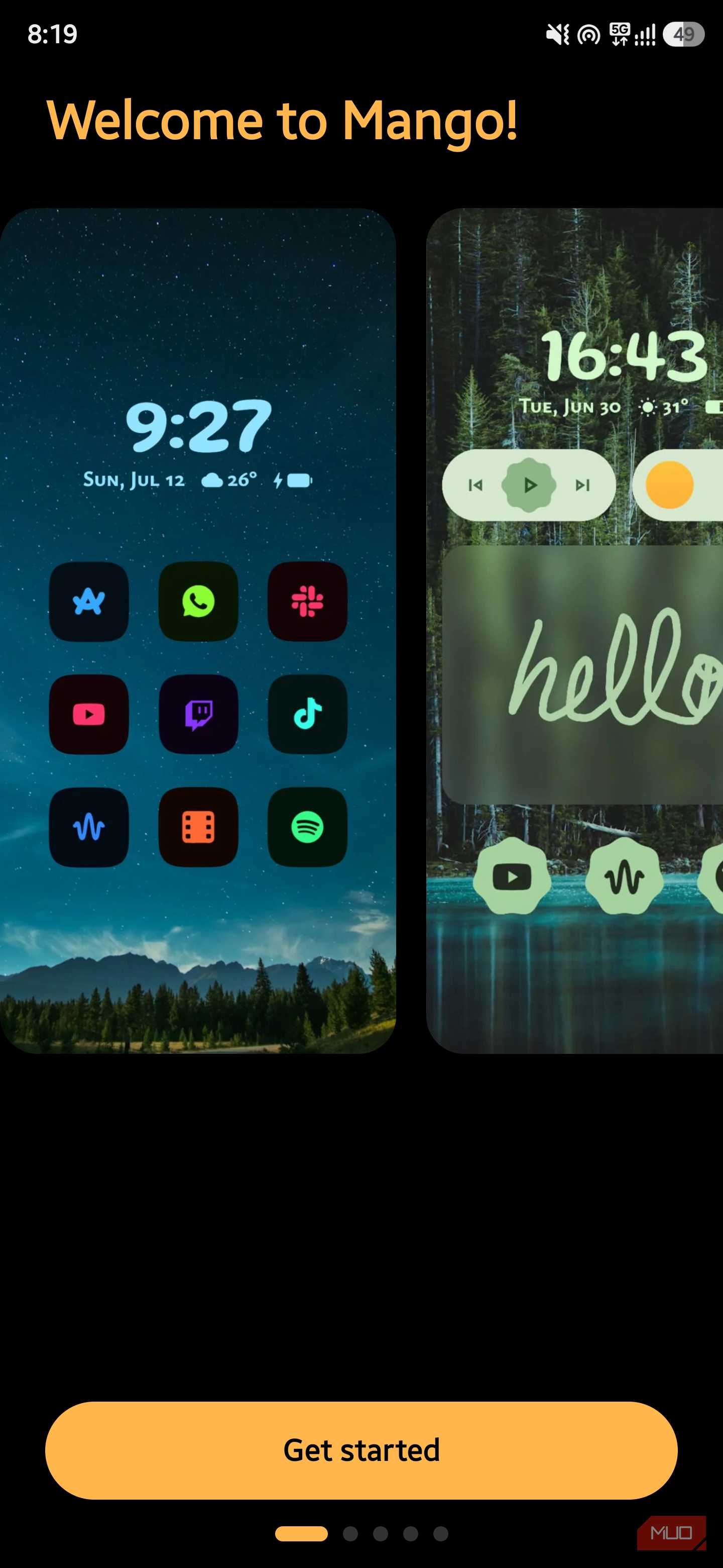 Welcome to Mango setup screen with preview screenshots and Get Started button