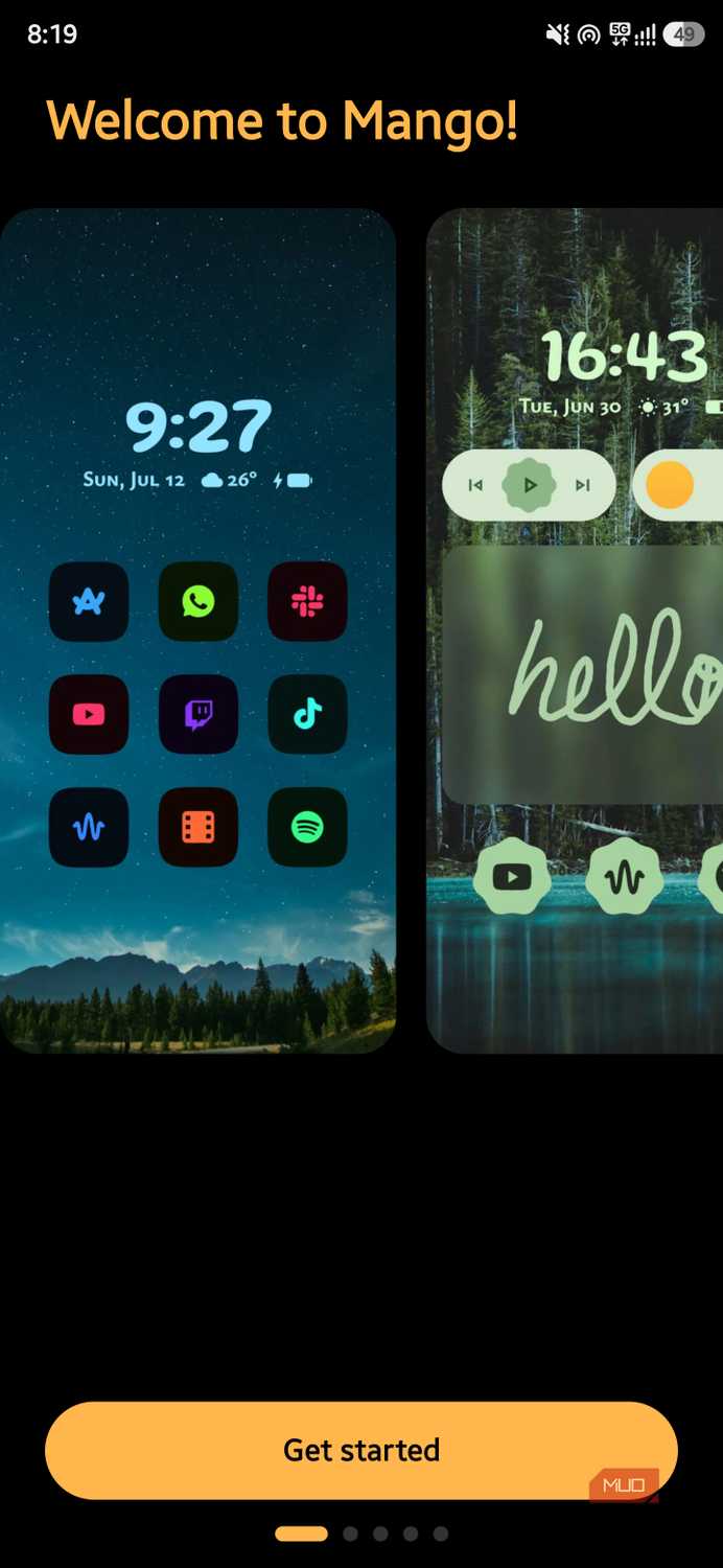 Welcome to Mango setup screen with preview screenshots and Get Started button