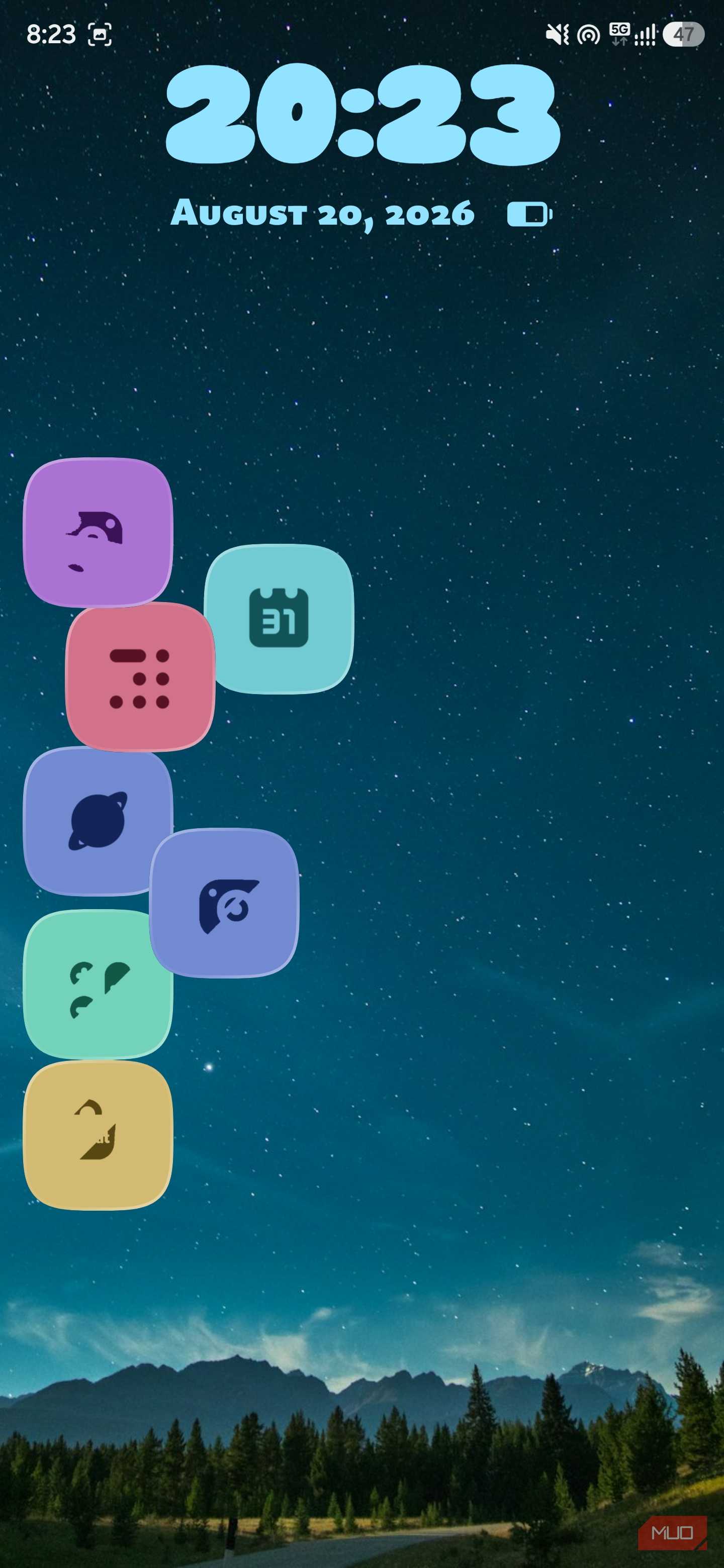 Mango Launcher home screen showing floating physics icons under a night sky wallpaper