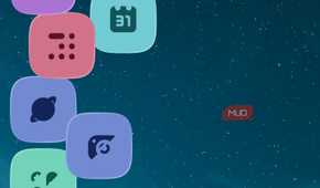 Mango Launcher home screen showing floating physics icons under a night sky wallpaper