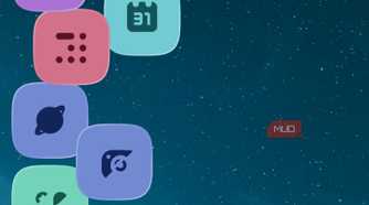 Mango Launcher home screen showing floating physics icons under a night sky wallpaper