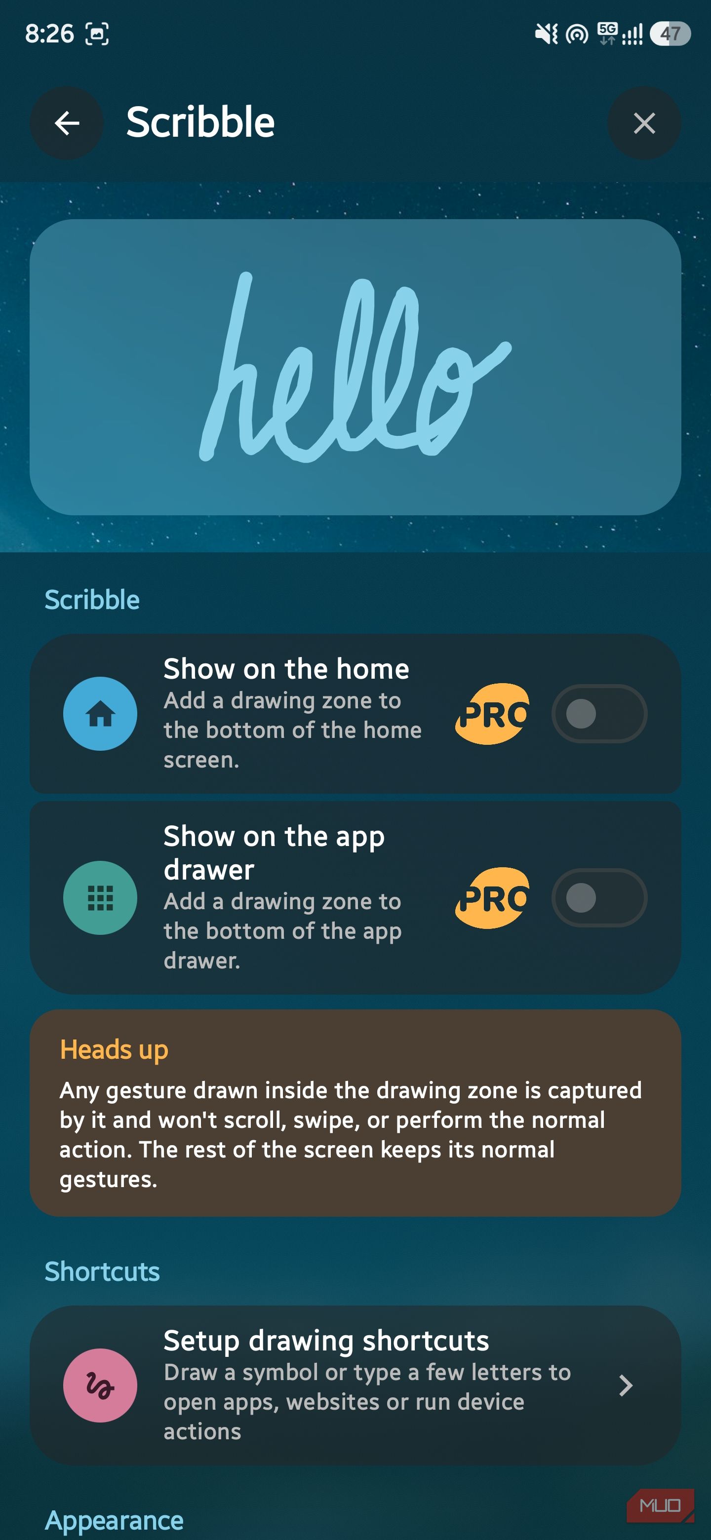 Scribble feature settings screen with gesture drawing toggles and shortcuts