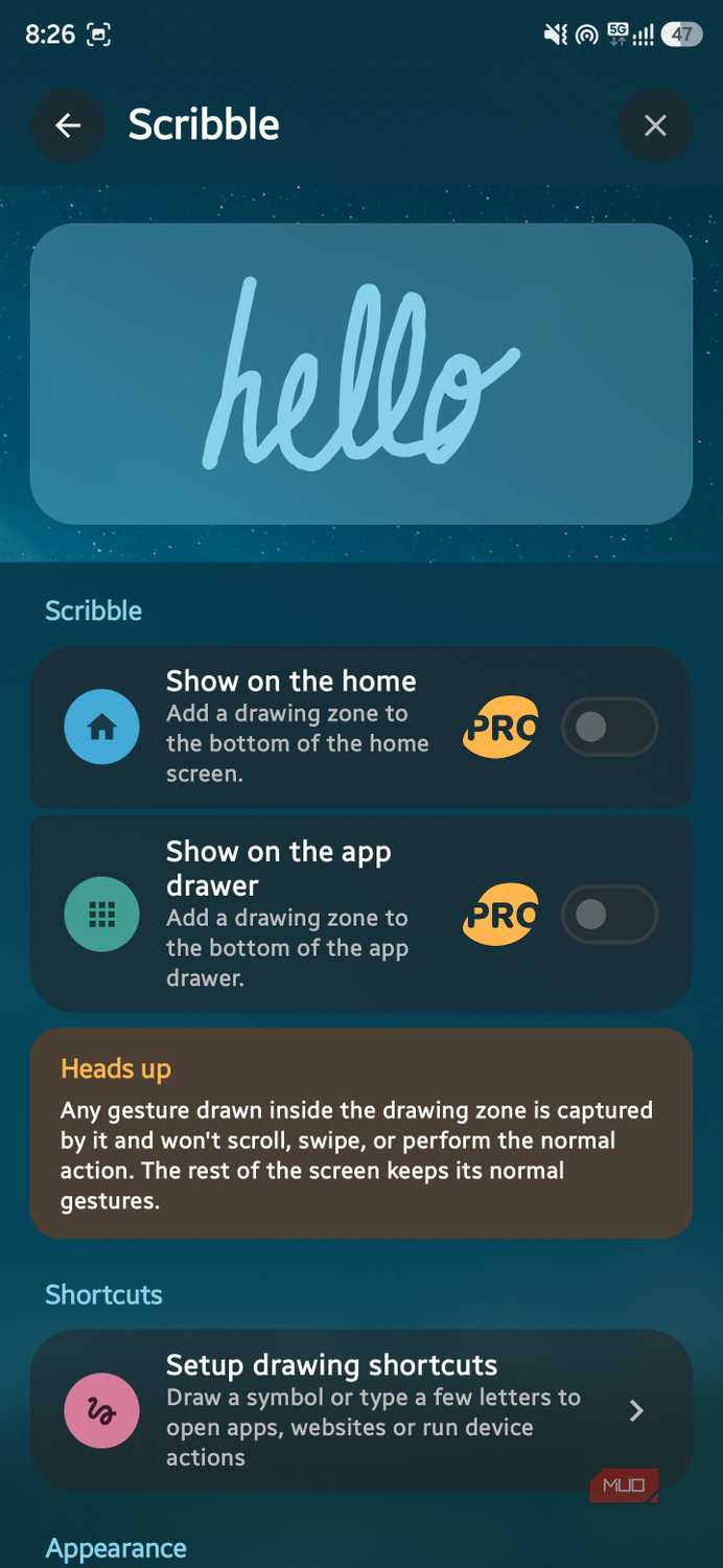 Scribble feature settings screen with gesture drawing toggles and shortcuts