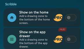 Scribble feature settings screen with gesture drawing toggles and shortcuts