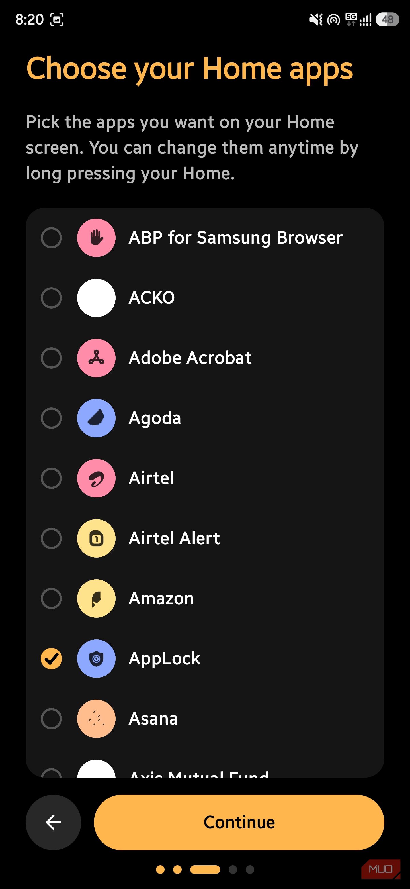 Choose your Home apps screen with a selectable list of installed apps