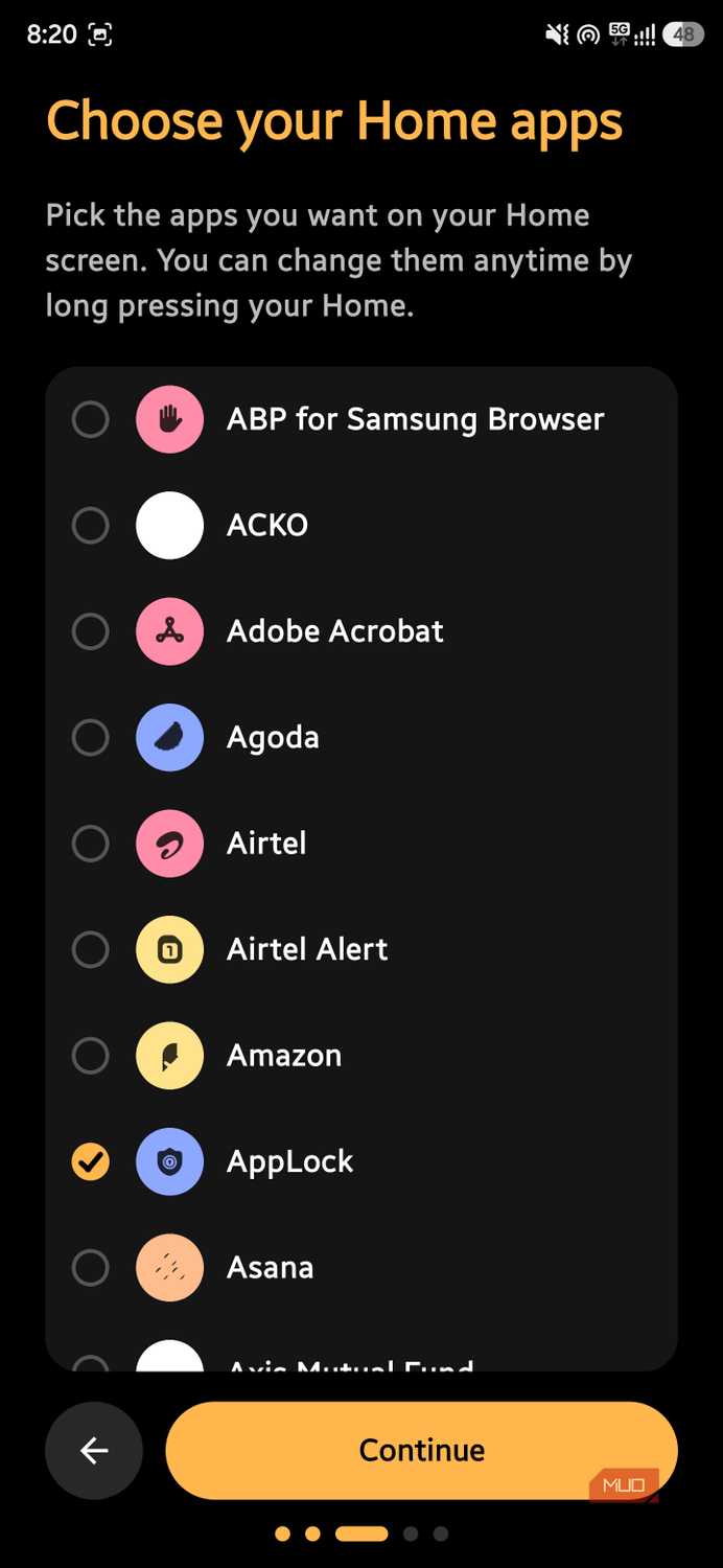 Choose your Home apps screen with a selectable list of installed apps