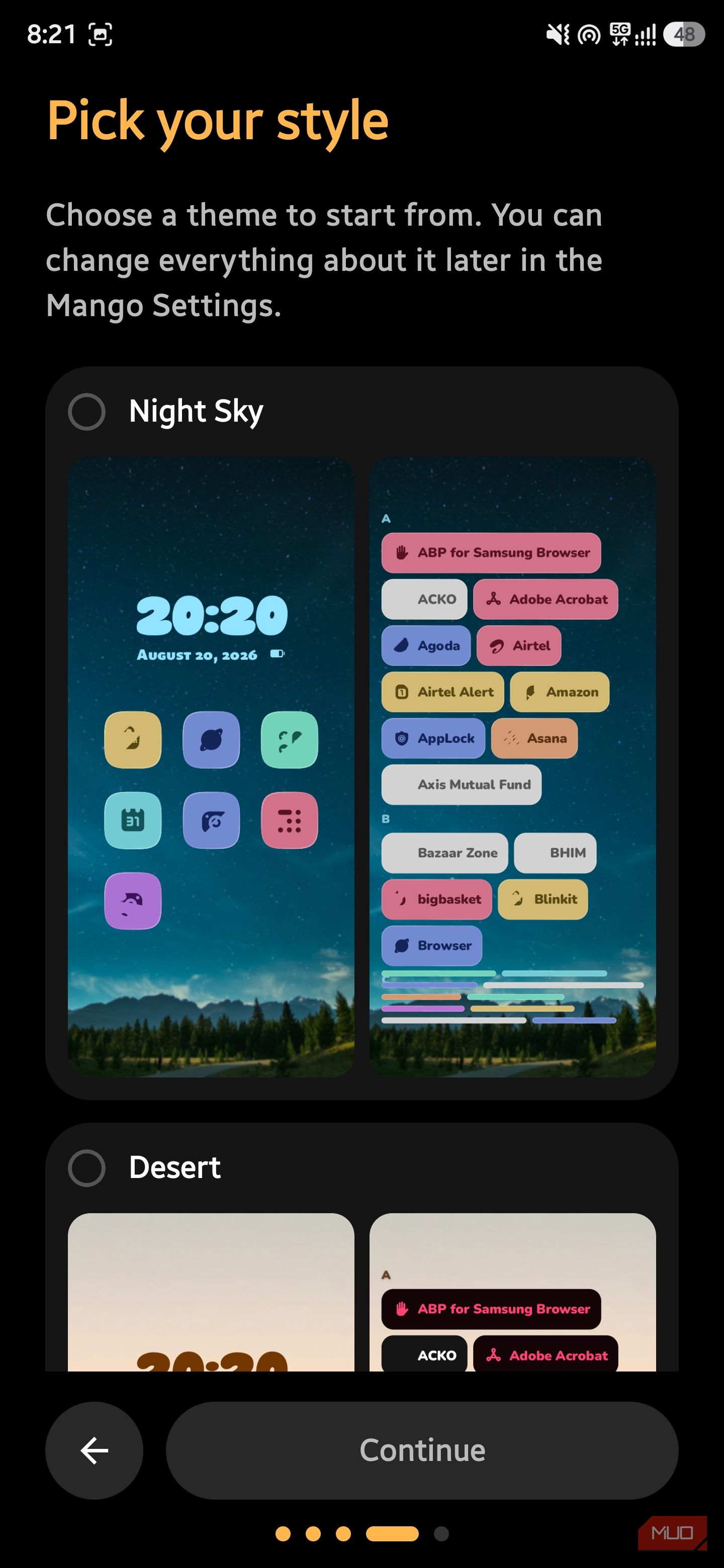 Pick your style theme selection screen showing Night Sky and Desert presets