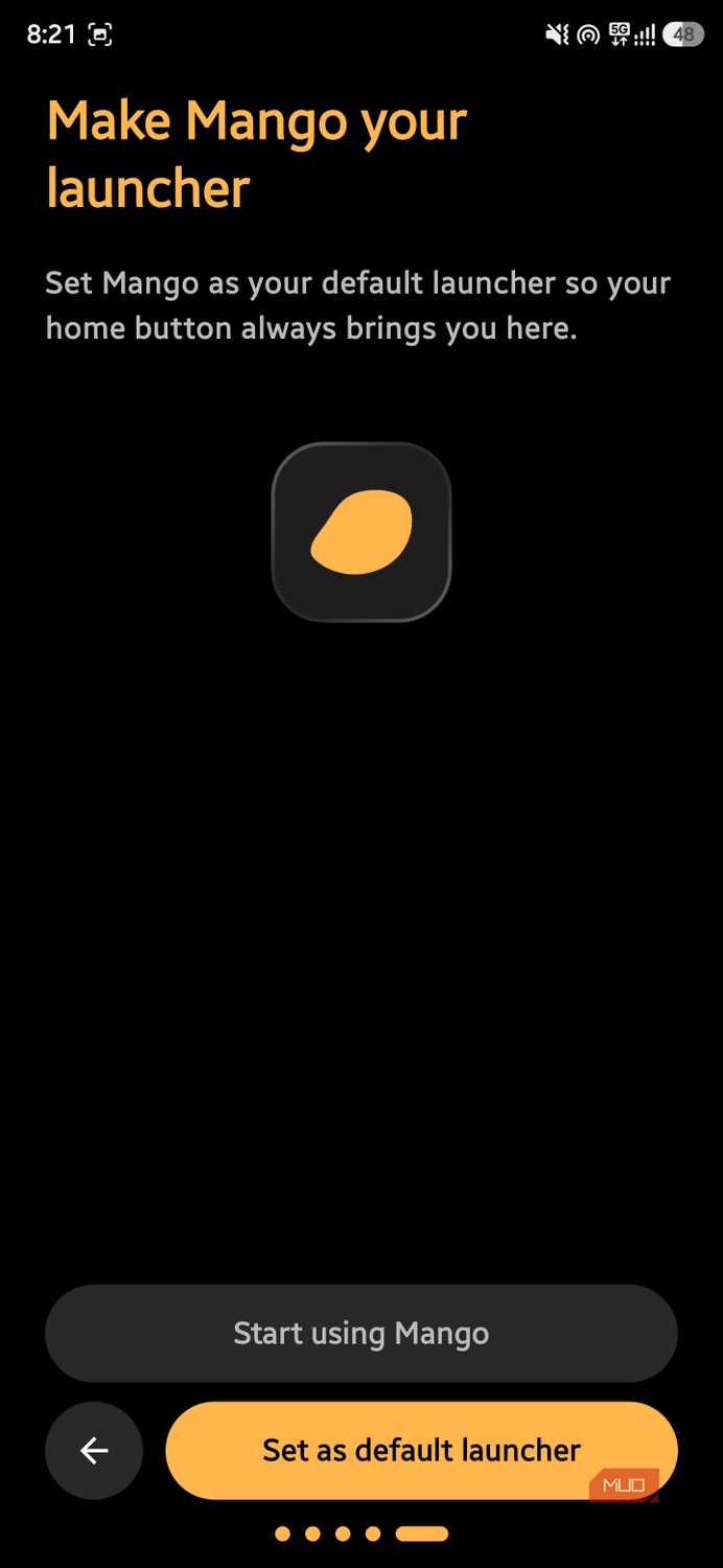 Setup screen prompting to set Mango as the default device launcher