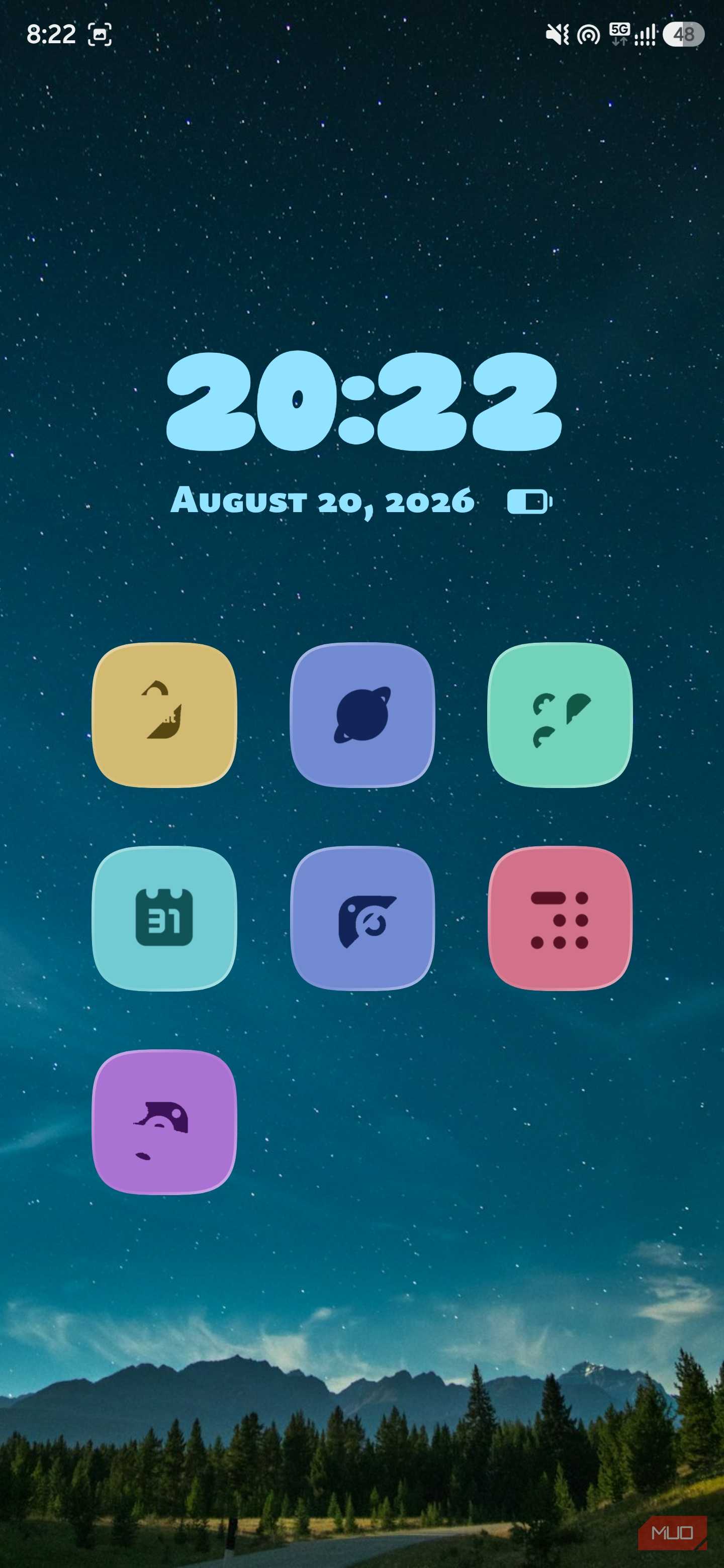 Mango Launcher home screen displaying grid of stylized pastel app icons