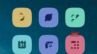Mango Launcher home screen displaying grid of stylized pastel app icons