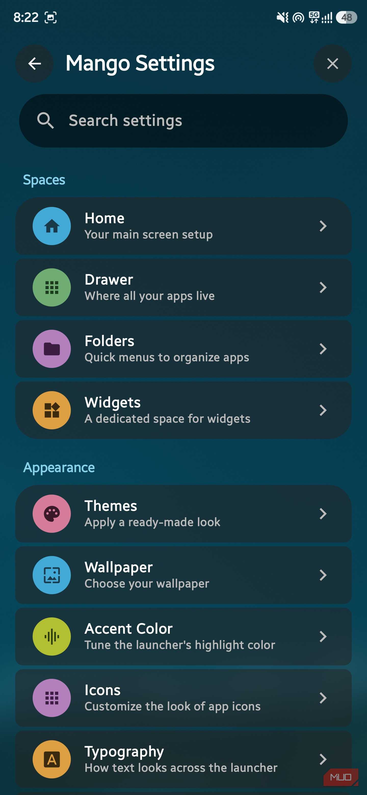 Mango Settings menu showing Spaces and Appearance customization categories