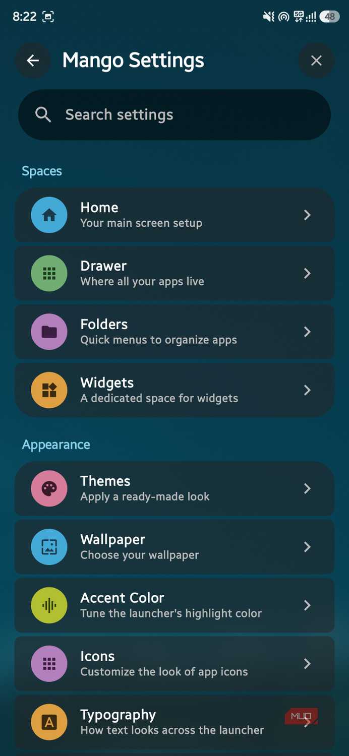 Mango Settings menu showing Spaces and Appearance customization categories