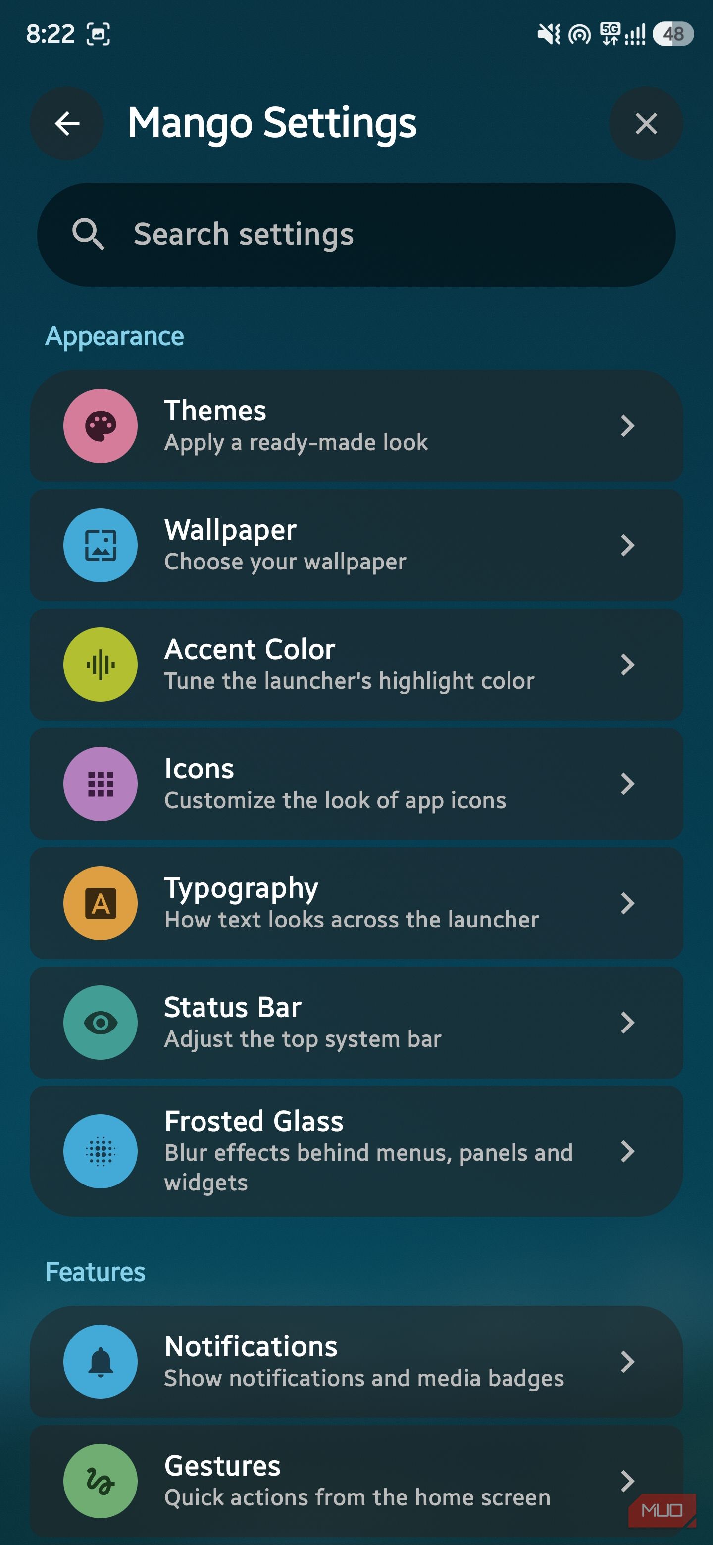 Mango Settings screen showing Appearance options like Themes, Wallpaper, Icons, and Frosted Glass
