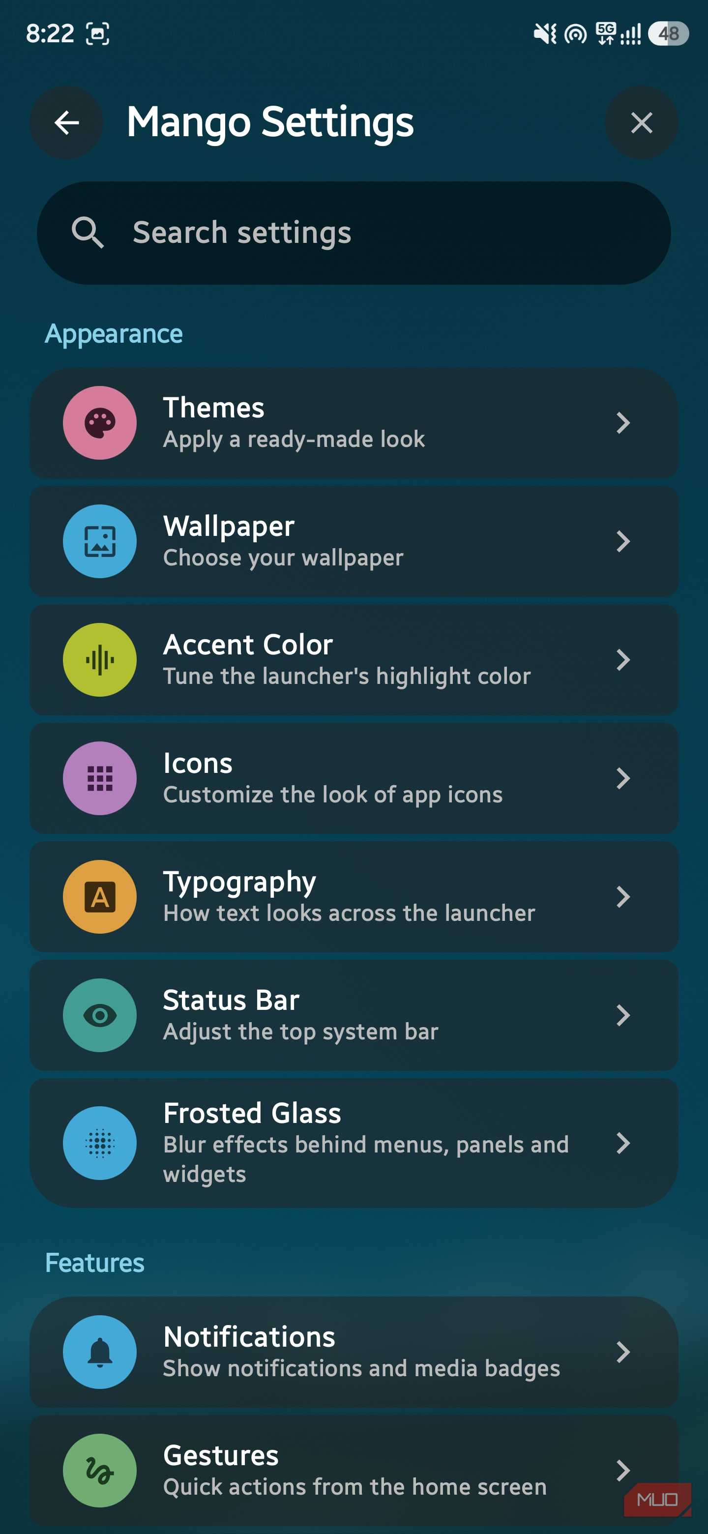 Mango Settings screen showing Appearance options like Themes, Wallpaper, Icons, and Frosted Glass
