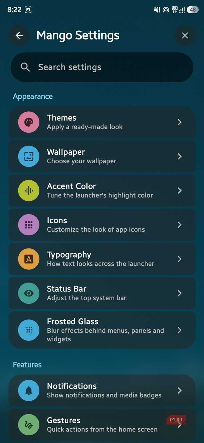 Mango Settings screen showing Appearance options like Themes, Wallpaper, Icons, and Frosted Glass
