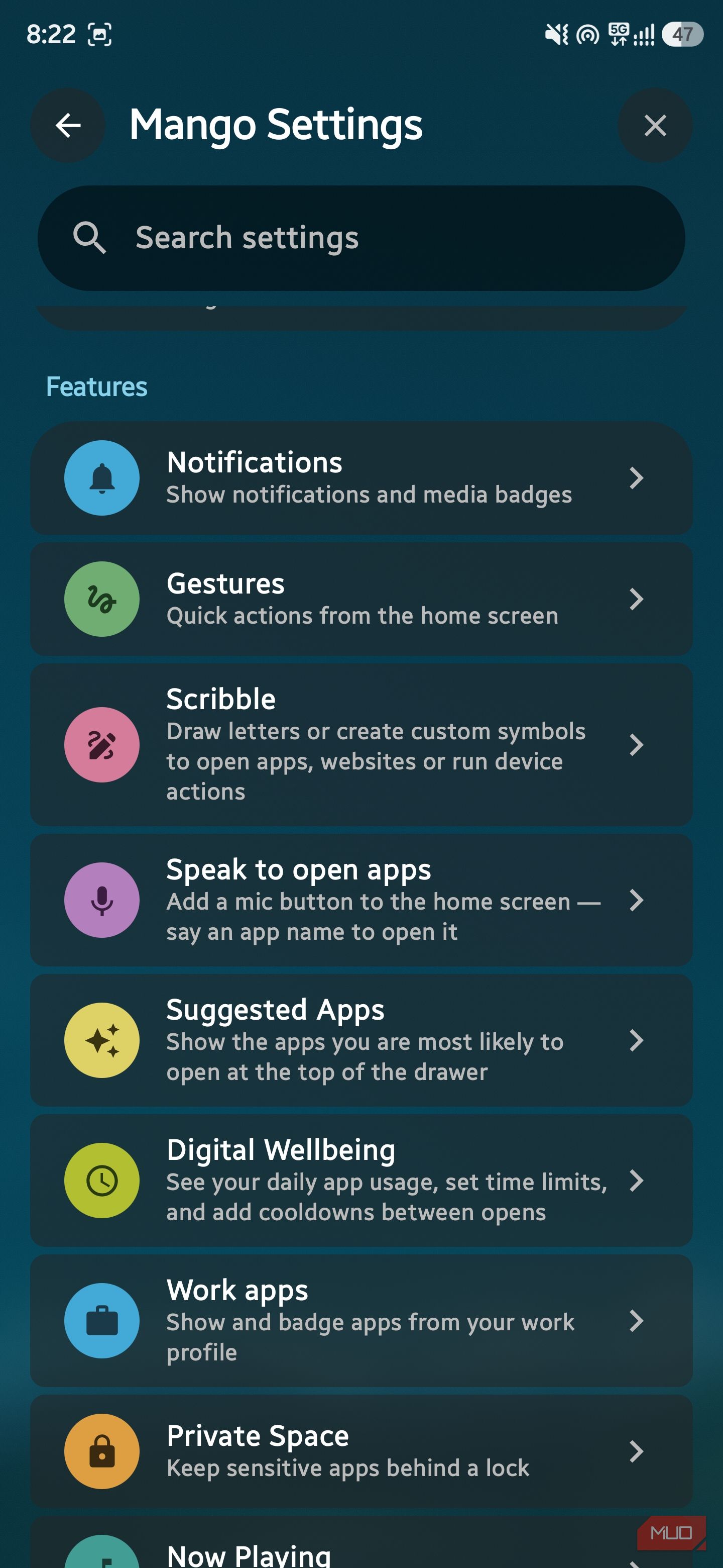 Mango Settings screen showing list of features like Gestures, Scribble, and Private Space