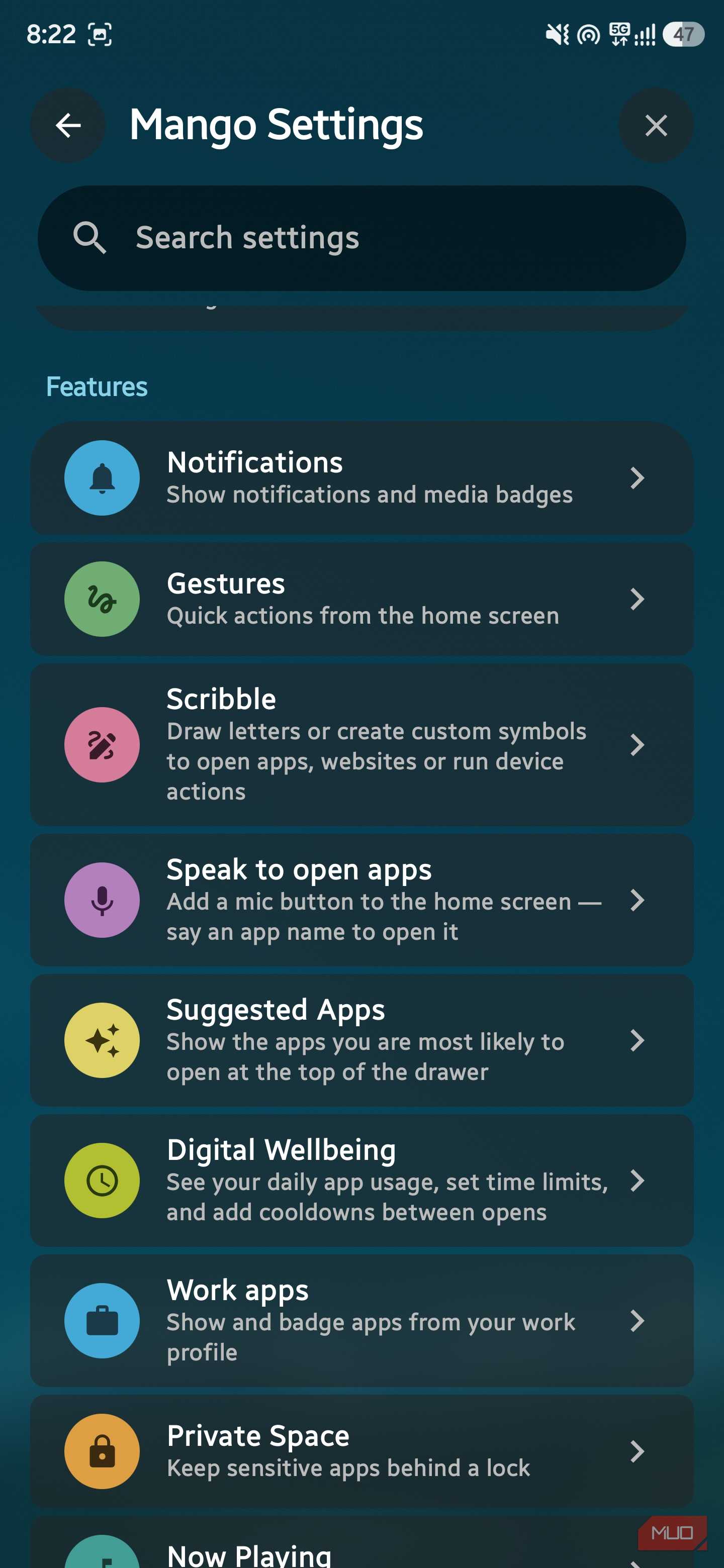 Mango Settings screen showing list of features like Gestures, Scribble, and Private Space