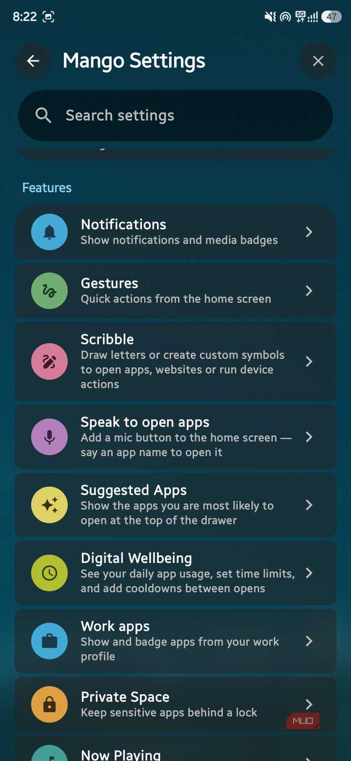 Mango Settings screen showing list of features like Gestures, Scribble, and Private Space