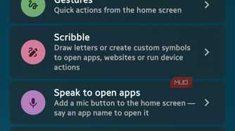 Mango Settings screen showing list of features like Gestures, Scribble, and Private Space