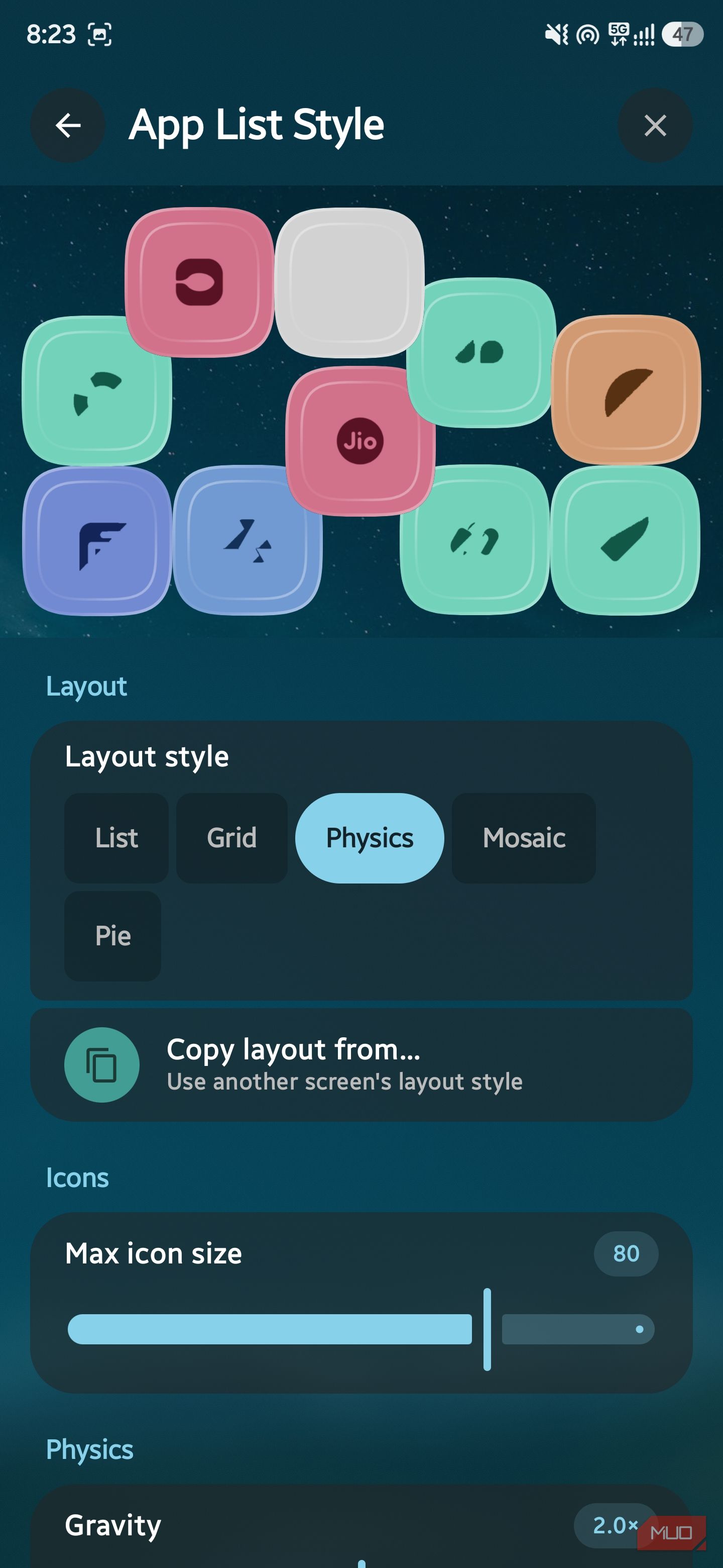App List Style settings showing physics layout mode with floating app icon previews