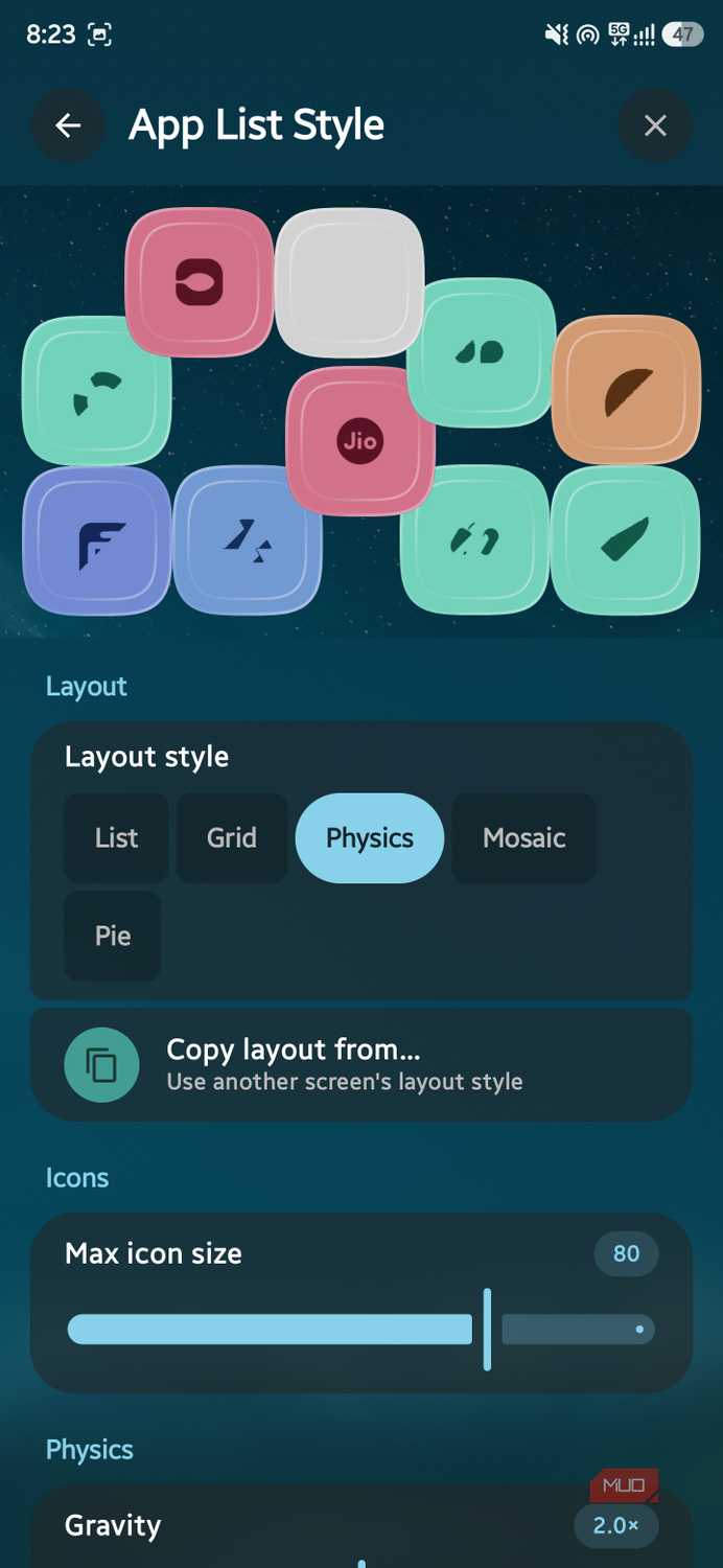 App List Style settings showing physics layout mode with floating app icon previews
