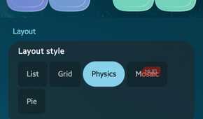 App List Style settings showing physics layout mode with floating app icon previews