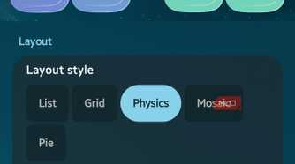 App List Style settings showing physics layout mode with floating app icon previews