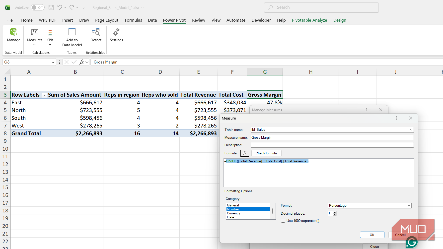 Measure dialog box for measuring gross margin in Excel.