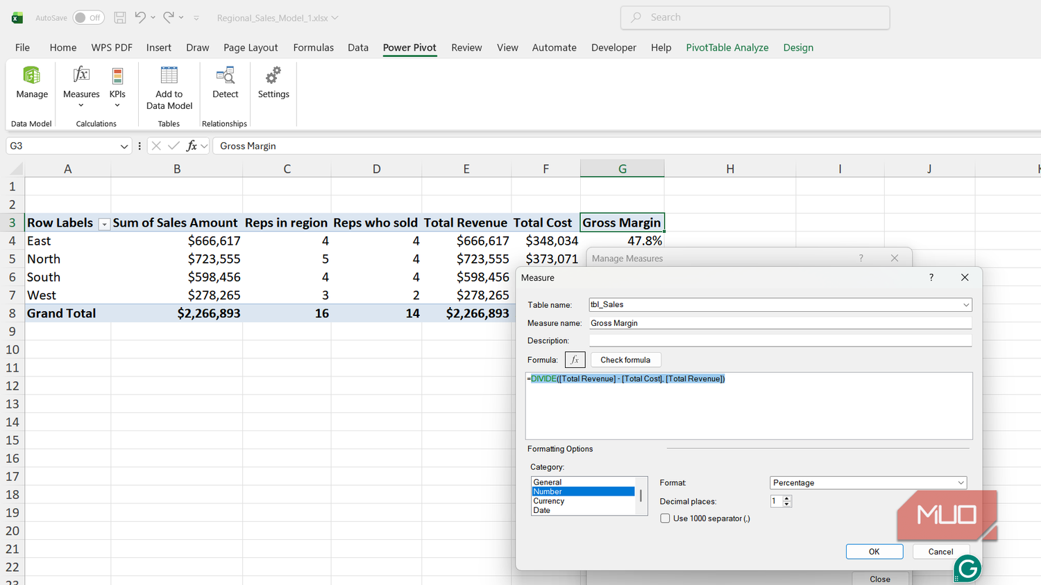 Measure dialog box for measuring gross margin in Excel.