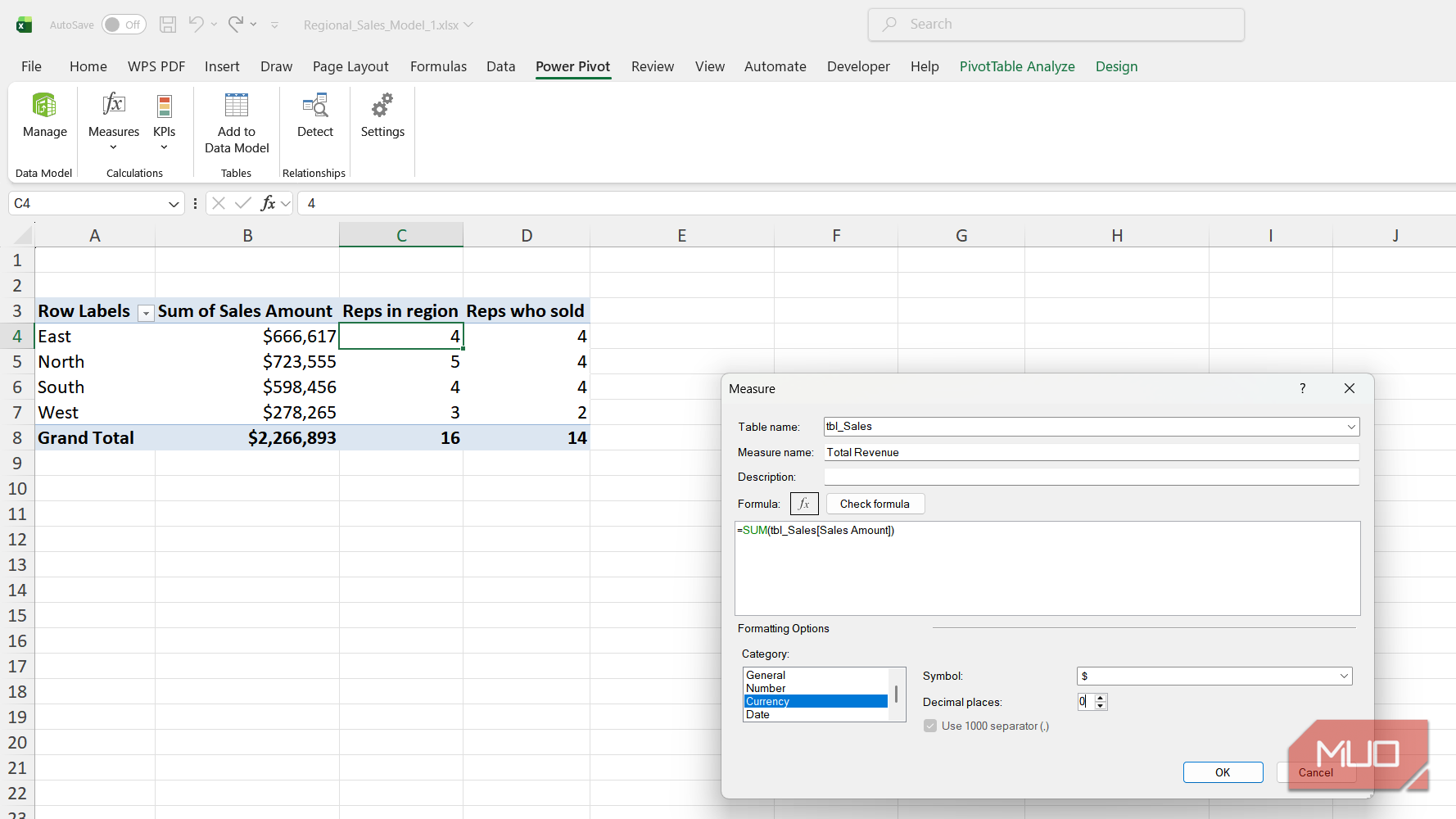 Measure dialog box for sales table in Excel.